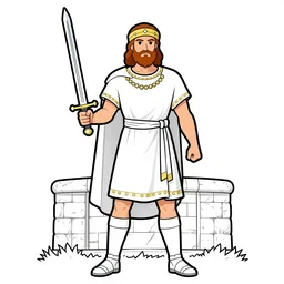 coloring book sheet of a man in Biblical clothing holding a sword