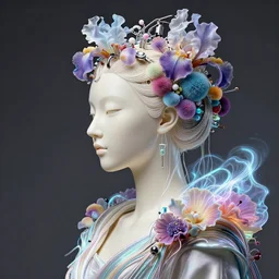 beautiful korean woman with a smooth carved porcelain skin, portrait, ivory profile face, futuristic haute couture draped in silk and electrical wire and alien flowers, glowwave, iris van herpin, headdress with technical objects, colorful puffballs, hyper detailed, ultra sharp, 8 k
