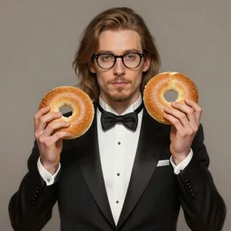 a german very long light brown hair guy with glasses and very short goatee on a tuxedo holding a bagel!, trade offer meme, art by greg rutkowski, intricate, elegant, sharp focus, digital painting, concept art, matte, art by artgerm