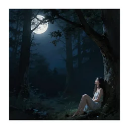dark forest at night illuminated by moonlight, in the bottom right corner of the image there is a beautiful girl sitting in a tree, in the style artgerm, digital art, trending