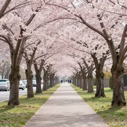 cherry trees blossoming on the sidewalk, digital art, highly detailed, trending on artstation