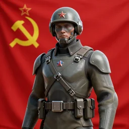 Futuristic Soviet soldier with red flag in background, overdetailed digital art, hd, 4k