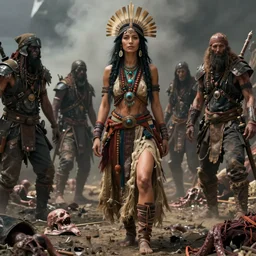 hyper realistic photo of postapocalyptic cannibal scavenger shaman woman, full body, cinematic, artstation, cgsociety, greg rutkowski, james gurney, mignola, craig mullins, brom,