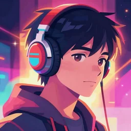 a closeup of a digital samurai gamer with headphones in retro colors, synthwave style, 2d digital vector art