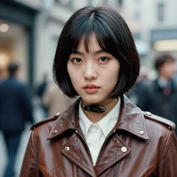 ektachrome, 5 0 mm portrait lens, highly detailed : incredibly realistic, youthful asian confident, feminine cut, exquisite features, close up portrait photo 1 9 7 0 s frontiers in flight leather suit cosplay, street photography fashion shoot, evening, nick knight,