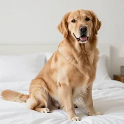 A Golden Retriever dog getting belly rub on a white bed, professional photography, 4k, high-resolution, bright