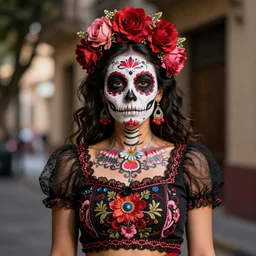 mexican day of the dead beauty, only face, trending on artstation, greg rutkowski, john singer sargent, crop top, intricate