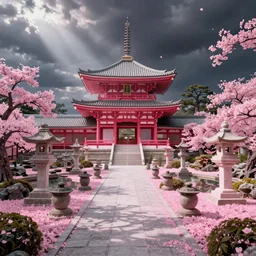 pink Japanese garden with a temple in the middle, digital art, detailed, wallpaper