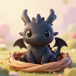 a portrait of a cute happy tiny black chibi dragon in a nest, black eyes, artstation, by rossdraws, depth of field, beautiful lighting, pastel colors, bokeh