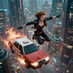 Mila Jovovich  as Leeloo from the Fifth Element Jumping over a flying Taxi seen from above. Futuristic city 8k. Luc Beson. Cinematic lighting. Hollywood. flares. Flying cars. insanely detailed, trending on artstation, sharp focus, post-processing. 35mm film. Beeple