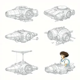 Orthographic view,  spacecraft designs, Details, illustration , in the style of Studio ghibli, tekkon kinkreet, akira, breath of the wild, myazaki, anime, clean render, denoise, rule of thirds