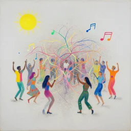 minimalistic, dust evolving into complex neural networks. party, neon, colorful, party happy dancing characters,, music ( ( ( sun ) ) ), stunning, award - winning masterpiece by marc simonetti, by moebius and basquiat, oil on canvas