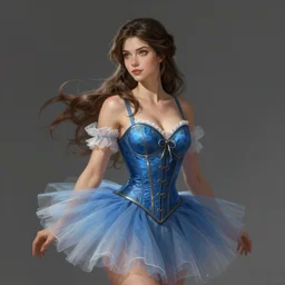 brunette fairy woman, wearing blue corset and tutu, medium shot angle, d & d, fantasy, highly detailed, digital painting, trending on artstation, concept art, sharp focus, illustration, art by artgerm and rosstran