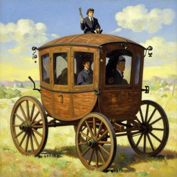anime key visual of the 2 0 0 8 financial crisis, wooden travel carriage, style of jamie wyeth james gilleard edward hopper greg rutkowski acrylic painting, preserved museum piece, historical