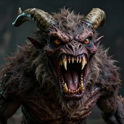 a terrifying monster with two long horns and large eyes with a gaping mouth of jagged sharp teeth, furry body with evil creepy tones, dark, with good lighting photorealistic - n 9