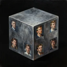 a metallic cube in black background, by Dean Ellis, by Vincent Di Fate, by Bruce Pennington, by David A. Hardy, by Wayne Barlowe, masterpiece, oil on canvas, trending on artstation, featured on pixiv, cinematic composition, dramatic scene, beautiful lighting, sharp, high details, no frames, 8K