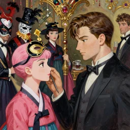 anime, mage, vogue, masquerade, korean, audrey hepburn, intricate oil painting, trending on artstation, john singer sargent, greg rutkowski, side profile, pink hair