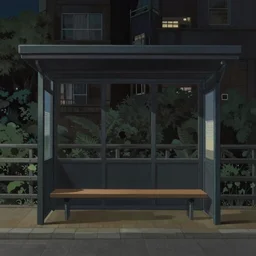 dark city bus stop, painting by Hayao Miyazaki,ArtStation