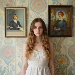 a young beautiful chic girl in front of a wallpaper by ernst haeckel, daguerreotype by edward hopper, by henri rousseau, by Bosch, art noveau, highly detailed, strong lights, liminal, eerie, Bright pastel colors, octane render, 8k,