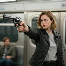 mathilda holding a revolver at jared from subway