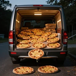 a photo of a back truck opened filled to the brim with cheese pizza some on the ground, realistic