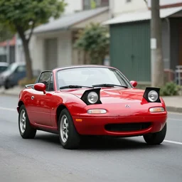 105mm photo of car full view mid distance photograph red Mazda Miata parked on street from 1910