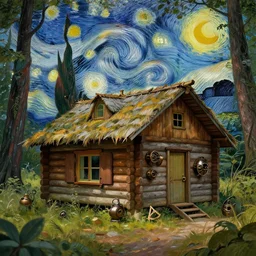 [ a log cabin in the forest ] [ van gogh ] [ steampunk ]