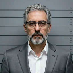 corporate man in a gray suit with white shirt and glasses, with facial features how wallace breen, with gray hair and a beard, av - 4 in cyberpunk on background, detailed portrait, sharp focus, mug shot