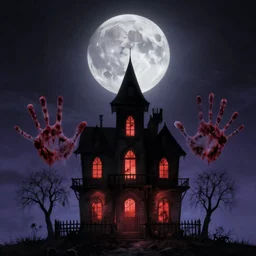 in the style of tim jacobus goosebumps, gerald brom, spooky house, upward angle, night time, blood moon, fear street, bloody handprints