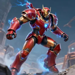 A Titan Guardian from Destiny in red and gold armor covered in blue electricity crashing down from the sky, slamming his armored fist into the ground, blue arc explosion, ultra realistic, 8k, octane render, arc, blue electricity, blue sparking, shatter, falling armor, ground shatter