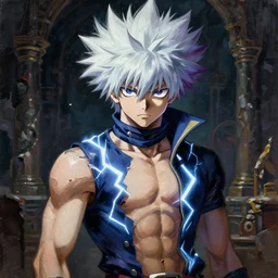 ripped physique Razorpunk Killua Zoldyck Magician Portrait portrait portrait Dungeon Exterior Man TheWitcher3WildHunt HunterxHunter TheElderScrollsOblivion Cover Art Face Head Eyes Snack Assassin Wearing Lightning Vest Ismail Inceoglu Arnold Bocklin Jakub Rebelka dug stanat Anime Brushstrokes Oil Painting Impasto