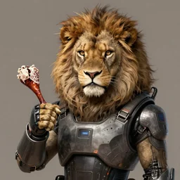 a portrait of an anthropomorphic cyberpunk lion holding a turkey leg, fantasy, elegant, digital painting, artstation, concept art, matte, sharp focus, illustration, art by josan gonzalez