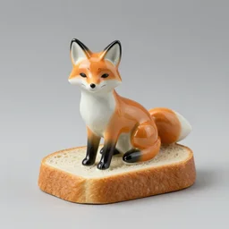 A ceramic statuette of a fox on a piece of bread. solid Background.