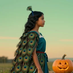pocahontas dressed with peacock clothes, black hair, profile, green sunset, howl and pumpkin next to main character, vibrant palette, trending on artstation