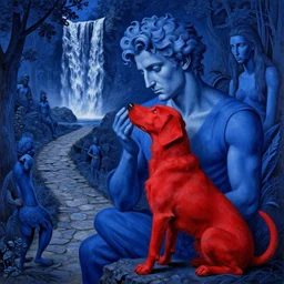 only with blue, caesar during love, a red dog, in hoc signo vinces, waterfall in background, an ancient path, in the style of beksinski, max ernst, gottfried helnwein, part by hopper, part by rodcenko, part by hofbauer, intricate composition, blue by caravaggio, insanely quality, highly detailed, masterpiece, red light, artstation