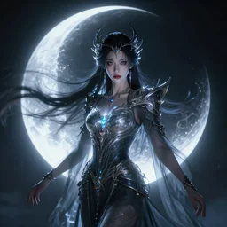 portrait of moon sorceress, beautiful, attractive, glowing, jaw dropping, dynamic lighting, dark, menacing, intricate and detailed, 4 k octane render, age 2 1