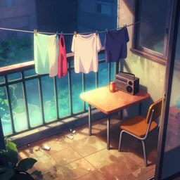 a film still from Tekkonkinkreet by Ian McQue , close-up POV from balcony with washing line and clothing, table with a soda can beside a radio, a chair beside the table, chipped floor tiles, dusty, intimate, bits of broken light, hazy atmosphere, vibrant, 50mm lens, video game character and environment design, 2d game lineart behance hd, studio, dramatic lighting, cinematic, global illumination, trending on Artstation, bloom