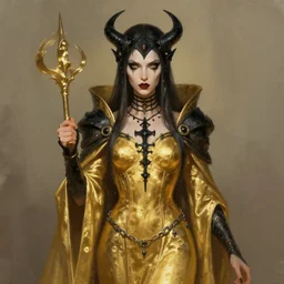 Portrait of a Holy Necromancer, female, golden robes, black accessories, digital painting, illustration, fantasy
