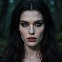 a beautiful female vampire, 8 k, hyperrealistic, perfect eyes and face, dark forest landscape, hyperdetailed, fantasy portrait by laura sava