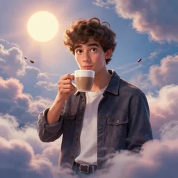 portrait of a ( ( ( taza de cafe ) ) ), ( ( guapo joven espanol brincando ) ), lleno de nubes y magia, el sol, concept character, by greg rutowski and tezuka and oi and mucha and bierstadt and remington, trending on artstation