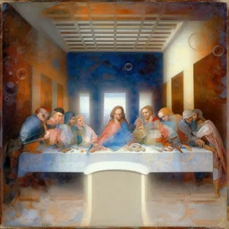 very old great canvas under whater, multilayer last supper johannes itten and hiroshi nagai colors, wonderful gradient from warm to cold tones, pattern of escher style 3 6 0 panorama with hieronymus bosch style bubbles, contrast of light and shadows, unfinished, very detailed, digital 4 k, super resolution