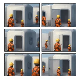 miners wait to enter a tiny cubic building with one door. storyboard panel, scifi cyberpunk. by gabriel hardman, joe alves, chris bonura. cinematic atmosphere, detailed and intricate, perfect anatomy
