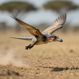 award winning photo by saul leiter of a tiny pteronodon flying in the savannah, motion blur, dusty, tiny gaussian blur, insanely detailed, insanely intricate, depth of field, low contrast, sunny, action photography