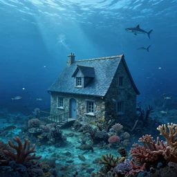submerged underwater!!!! on the ocean floor, a typical european house with a slate roof, coral reef, school of fishes, shark, scenic view, atmospheric blue tonality matte painting by christophe vacher and hubert robert, trending on artstation
