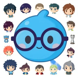 a drawing of a blue cute character wearing oversized dark round glasses, vector art by Jan Konůpek, 2d game art by Pixar, set of stickers by Akira Toriyama, featured on polycount, behance contest winner, mingei, sketchfab, low poly