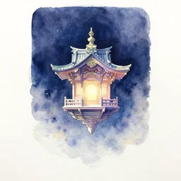 centered on watercolor paper, paint brush strokes, watercolor painting of a hovering miniature shrine, holy, enchanted, iridescent and ethereal at night, in the style of noriyoshi ohrai