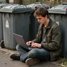 a bum using laptop near trashcans, concept art, highly detailed, intricate, sharp focus, digital art, 8 k