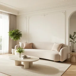 a modern indoor living room, clean architecture, pastel colored, baroque, a couch, a couch table, some fresh plants, daylight, peaceful, 8 k octane render