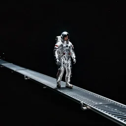 mysterious man in silver space suit, walking on a small zig - zagging steel catwalk, floating in the darkness of space, with a black background, photograph, wide angle, long shot