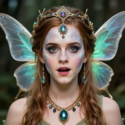 portrait of a fairy, symmetric, facepaint facepaint facepaint, intricate jewelry, trending on artstation 4 k, in the style of karol bak and tom bagshaw, bust with face of emma watson, surprised